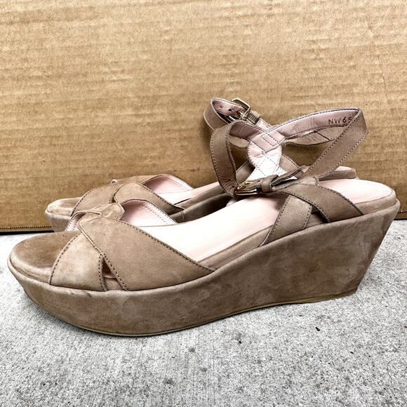 Stuart Weitzman Lockness Nubuck Sandal Tan Wedge Heels Platform Suede 7.5M - Picture 4 of 7